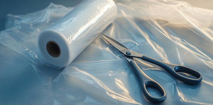 Roll of Plastic and Scissors for Cutting with Sharpness Concept Theme