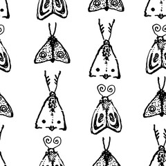 A charming seamless pattern featuring various hand-drawn moths in a black and white ink style, perfect for textile design, digital backgrounds, or rustic decor.