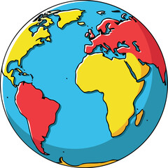 colorful handdrawn world globe illustration simplified continents, oceans, and landmasses