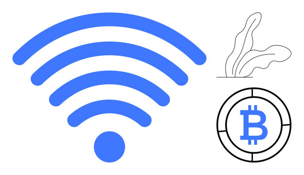 Blue wireless signal, Bitcoin blockchain coin, minimalistic plant. Ideal for technology, innovation, finance, eco-consciousness, networking digital economy connectivity. Simple flat metaphor
