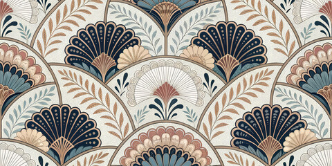 Elegant Art Deco fan pattern with botanical elements in muted teal, cream, and gold hues