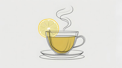 Minimalist top view of a steaming cup of herbal tea with a fresh lemon slice on a pure white background, clean modern composition, high-resolution stock image for branding, ads, menus