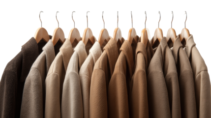Row of neutral-toned coats on hangers