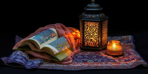 Open Book With Lantern Creates Serene Still Life In Soft Lighting