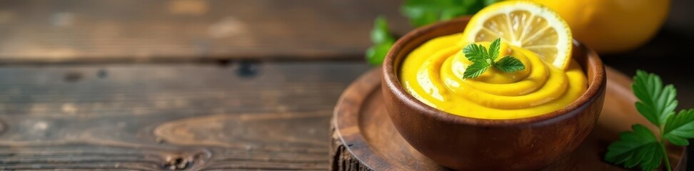 Creamy mustard with lemon slices in bowl, rustic wood background, mustard, healthy, condiment