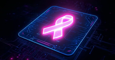 Neon pink ribbon forming on circuit board in void for breast cancer awareness, pulsing with sparks - Powered by Adobe