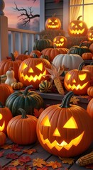 Fototapeta premium Glowing jackolanterns and gourds on wooden steps halloween pumpkins