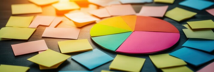 Fototapeta premium Visualize Data With Colorful Pie Chart and Sticky Notes Arrangement