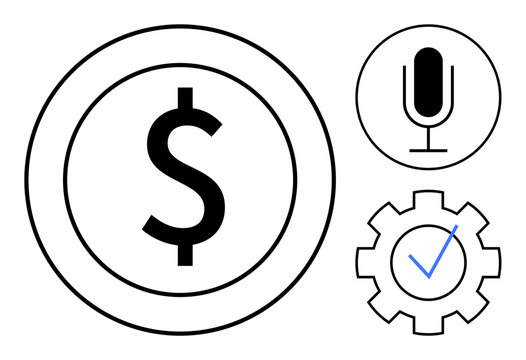 Dollar in circle, microphone for audio input, gear with checkmark depicting approval. Ideal for finance, communication, technology, software, productivity, creativity simple landing page