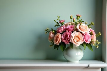 Fototapeta premium Fresh flowers arrangement with pastel colors on a mantel shelf, flowers, spring decor, mantel