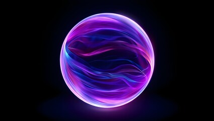 Blue and purple neon 3d sphere of gradient waves and glowing particles. Abstract technology concept, Artificial Intelligence, engineering, big data, and innovations. Vibrant futuristic sphere.
