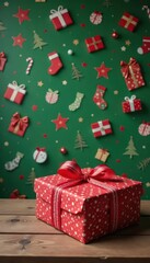 Obraz premium Wooden table with gift box on a festive Christmas wrapping paper background, red and green colors, presents, gift box