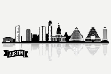 Obraz premium Dynamic Austin city skyline vector illustration showcasing iconic urban architecture and modern downtown buildings with elegant reflections for design projects