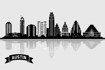 Obraz premium Dynamic Austin city skyline vector illustration featuring iconic architectural landmarks and a striking reflective surface, ideal for urban themes