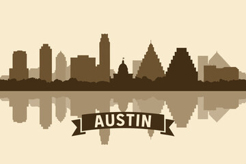 Dynamic vector illustration showcasing the majestic Austin skyline, with its distinct architectural silhouette and serene reflections, perfect for urban design and travel concepts