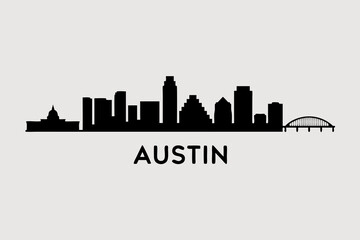 Naklejka premium Modern Austin city skyline vector illustration featuring iconic architectural landmarks and urban structures, perfect for travel and city-themed designs showcasing urban identity