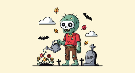 Zombie Gardener Watering Flowers in a Graveyard