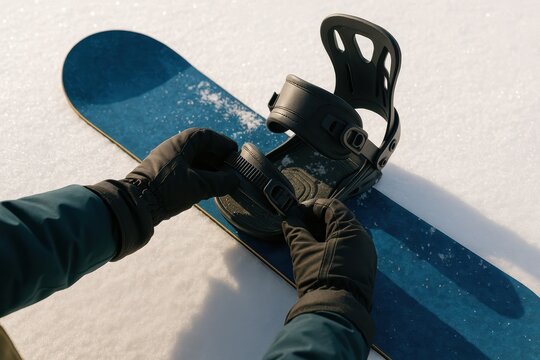 A close-up view of a snowboarder wearing gloves adjusting the strap on their snowboard binding, ready for a day on the slopes in the snow. - Powered by Adobe