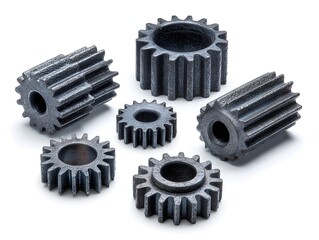 An assortment of metal gears and cogs are displayed on a white surface in a still life arrangement.