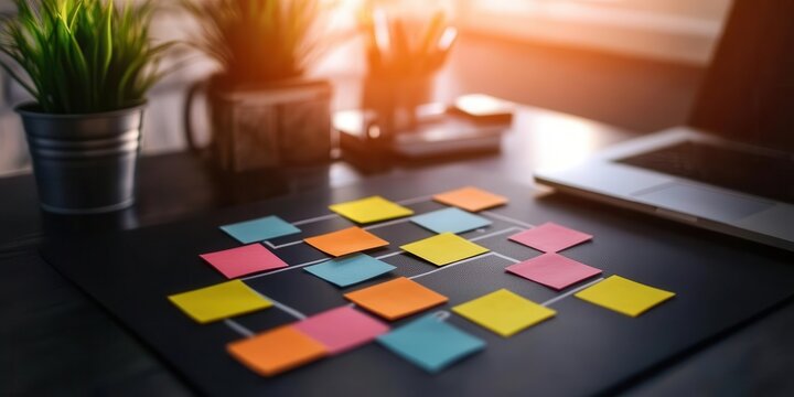 Plan Strategy With Colorful Notes And Laptop On Desk In Office And Sunlight