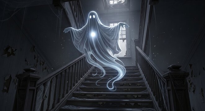 Ethereal apparition hovering on decaying staircase ghost spirit