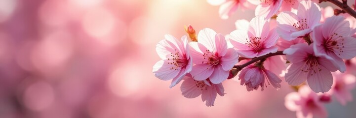 Delicate pink cherry blossoms in full bloom, sunlight filtering through petals , pink petals, floral, soft
