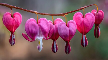 Fototapeta premium Heart-shaped flowers hang in a row, pink blooms with delicate detail. Soft focus, blurred background