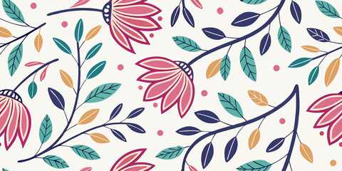 Vibrant floral pattern with pink flowers and teal leaves on a light background, perfect for design.