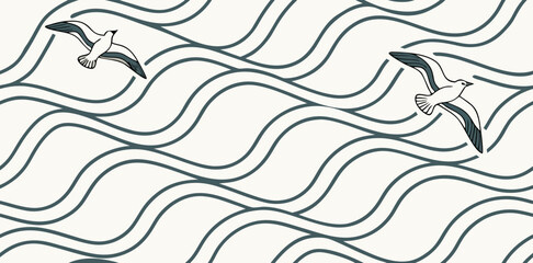 Obraz premium Graceful seagulls soar over stylized waves creating a serene, coastal aesthetic for design