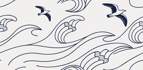 Seagulls soar above dynamic ocean waves in a classic blue and white maritime pattern