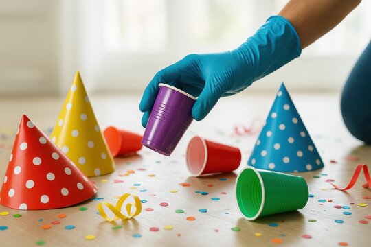A gloved hand picks up red party cups among polka-dot hats and colorful streamers, cleaning scattered party supplies from a floor after a celebration.