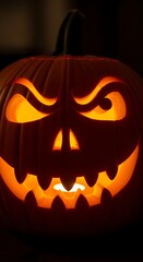 Fototapeta premium Glowing carved pumpkin face with spooky expression jack-o-lantern orange