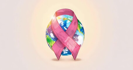 Stylized Earth globe rotating slowly on beige gradient, wrapped by pink ribbon raising awareness - Powered by Adobe