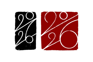 2026 vector hand-drawn numbers compositions on stamp-like backgrounds. 2026 number design templates. Happy new year oriental style minimalistic concept for greeting materials.