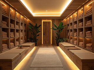 Serene Spa Room Interior with Warm Lighting and Wooden Shelving