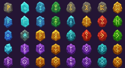 Collection of glowing fantasy runes and magic symbols in various colors, designed for role-playing and adventure video games, for game assets