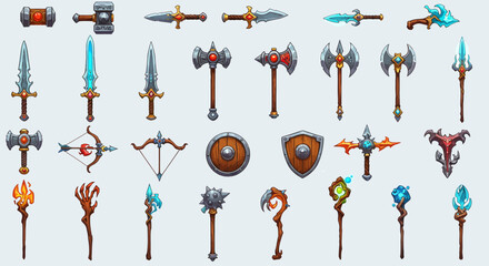 Collection of fantasy weapons including swords, axes, and magical staffs designed for adventure and RPG games.