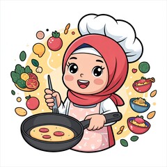 Cute Chef Girl Hijab holding a pan with Cartoon style. People Food Icon Concept with flat Cartoon Style