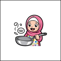 Cute Chef Girl Hijab holding a pan with Cartoon style. People Food Icon Concept with flat Cartoon Style