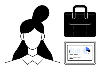 Female professional portrait with tied hair, a business briefcase, and a data tablet featuring charts. Ideal for career, business, analytics, work balance, productivity, leadership and modern