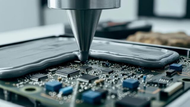 Closeup of potting compound dispensing nozzle applying insulation on seismic survey electronics ensuring device robustness in harsh terrains.