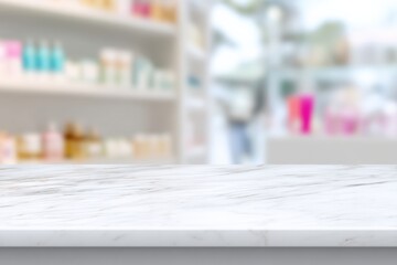 White marble table showcasing an array of beauty products in an elegant pharmacy or beauty shop, creating a modern and luxurious atmosphere