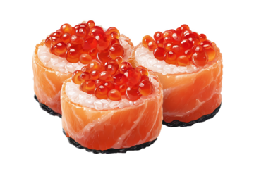 Three gunkan maki sushi with salmon and ikura, isolated on white transparent background.