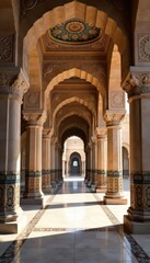 Obraz premium Ancient Arabian arcade with intricate stone carvings and ornate tile work, oriental, stone