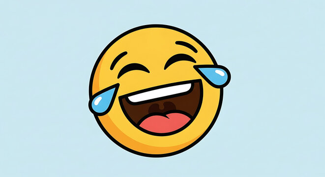 Yellow emoji face laughing hysterically with tears streaming from its eyes on a light blue background.