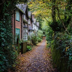 Autumnal lane lined with quaint cottages