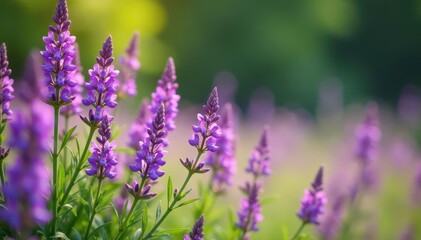 Obraz premium Dense cluster of vibrant purple wildflowers swaying in gentle breeze, garden, purple wildflowers