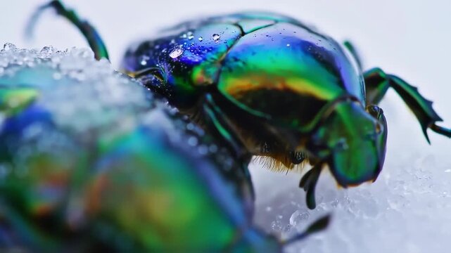 Close-up of iridescent beetles on ice