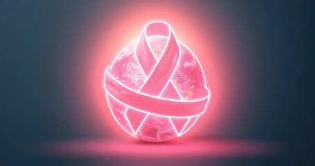 Starting 3D Earth globe wearing pink ribbon and glowing neon halo over gradient, awareness theme - Powered by Adobe