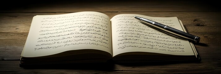Pen Rests on Open Book with Arabic Script and Classic Theme